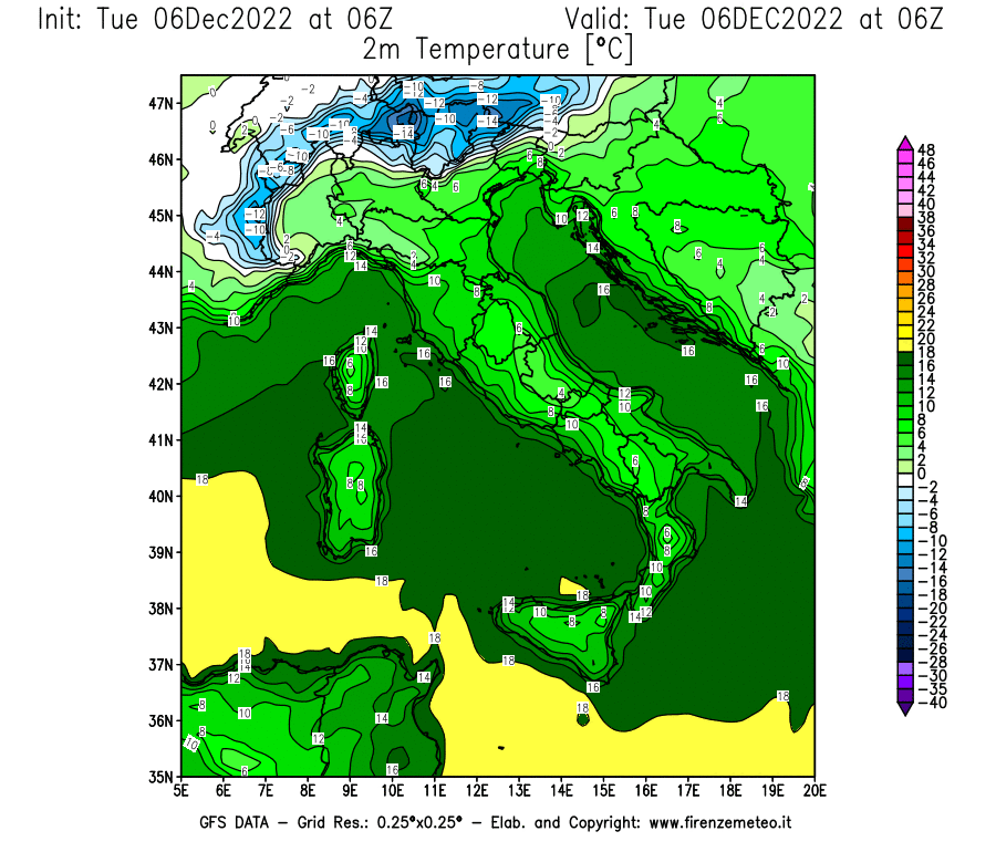 Mappa di analisi GFS - Temperatura a 2 metri dal suolo [°C] in Italia
							del 06/12/2022 06 <!--googleoff: index-->UTC<!--googleon: index-->