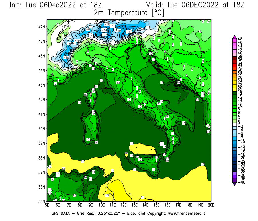 Mappa di analisi GFS - Temperatura a 2 metri dal suolo [°C] in Italia
							del 06/12/2022 18 <!--googleoff: index-->UTC<!--googleon: index-->