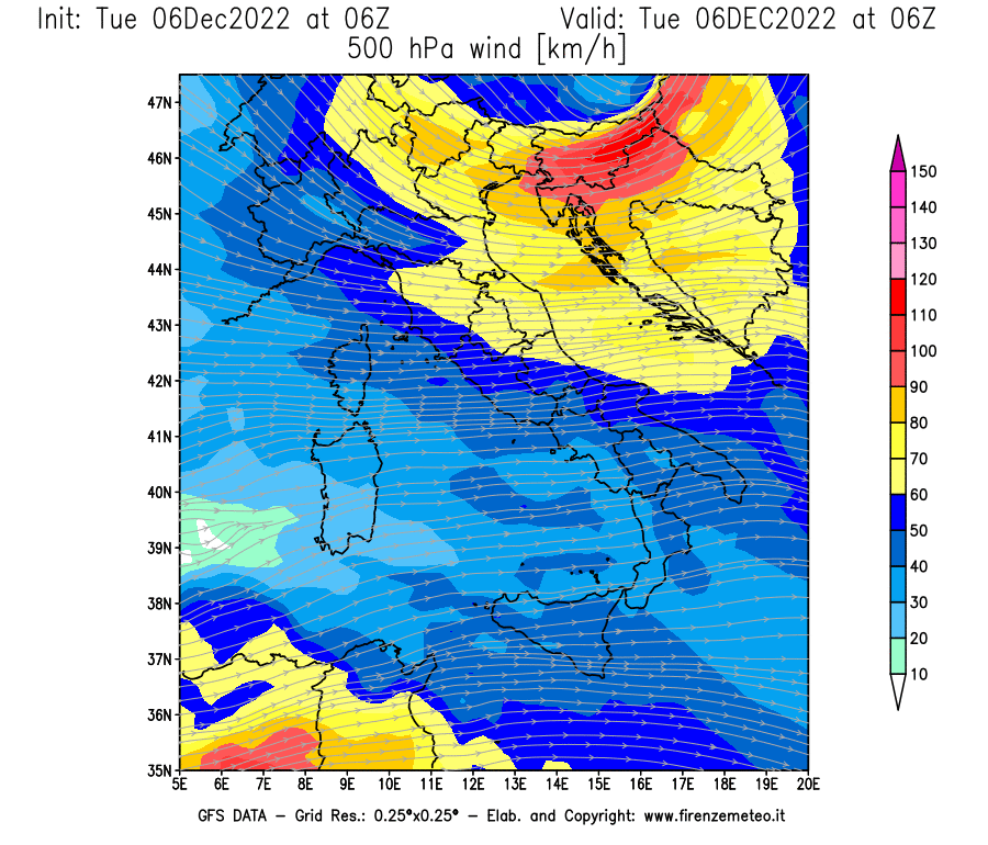 Mappa di analisi GFS - Velocità del vento a 500 hPa [km/h] in Italia
							del 06/12/2022 06 <!--googleoff: index-->UTC<!--googleon: index-->