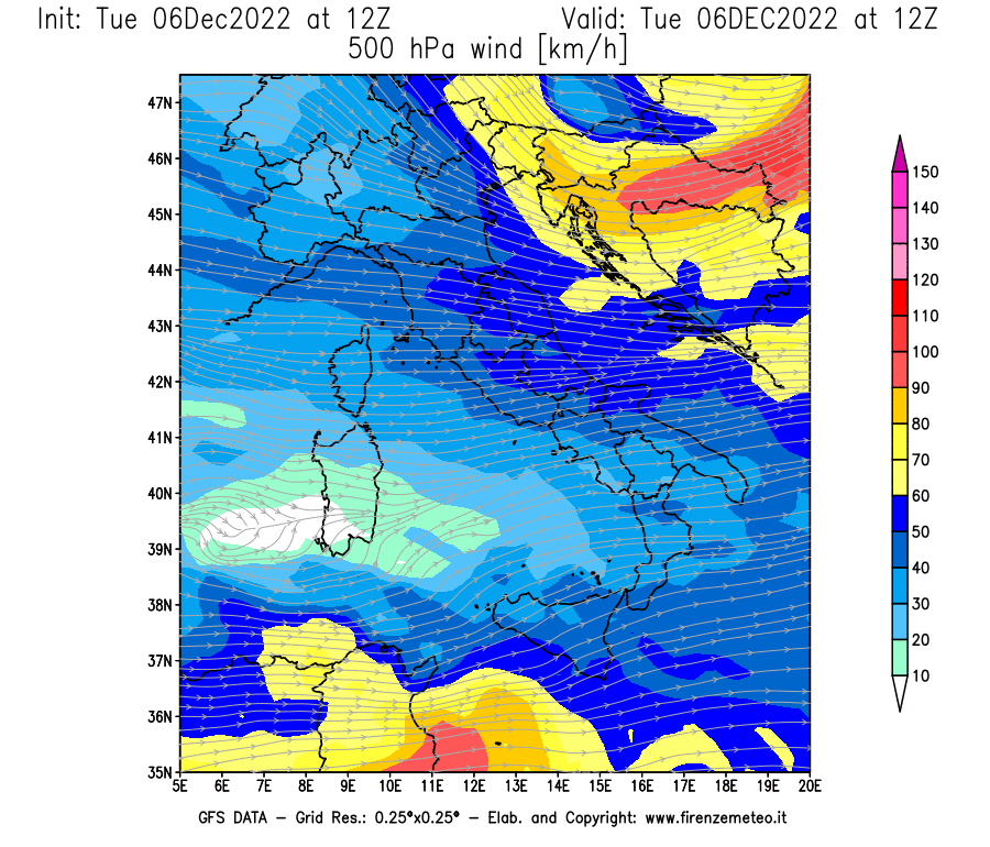 Mappa di analisi GFS - Velocità del vento a 500 hPa [km/h] in Italia
							del 06/12/2022 12 <!--googleoff: index-->UTC<!--googleon: index-->