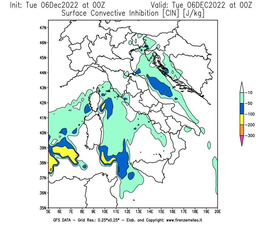 Mappa di analisi GFS - CIN [J/kg] in Italia
							del 06/12/2022 00 <!--googleoff: index-->UTC<!--googleon: index-->