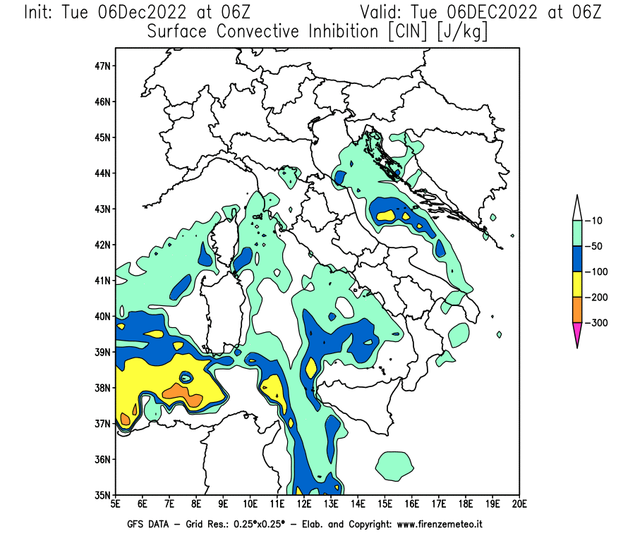 Mappa di analisi GFS - CIN [J/kg] in Italia
							del 06/12/2022 06 <!--googleoff: index-->UTC<!--googleon: index-->