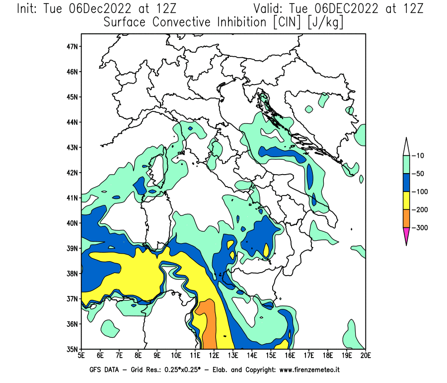 Mappa di analisi GFS - CIN [J/kg] in Italia
							del 06/12/2022 12 <!--googleoff: index-->UTC<!--googleon: index-->