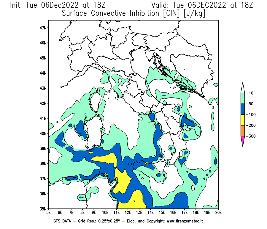 Mappa di analisi GFS - CIN [J/kg] in Italia
							del 06/12/2022 18 <!--googleoff: index-->UTC<!--googleon: index-->