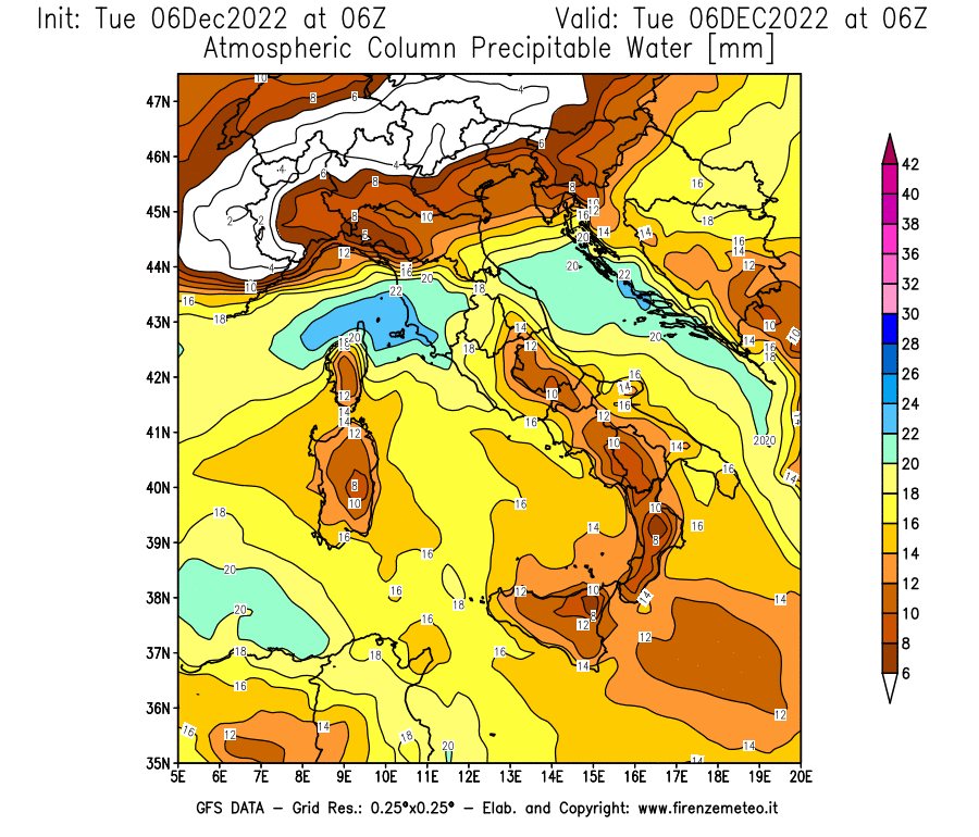Mappa di analisi GFS - Precipitable Water [mm] in Italia
							del 06/12/2022 06 <!--googleoff: index-->UTC<!--googleon: index-->