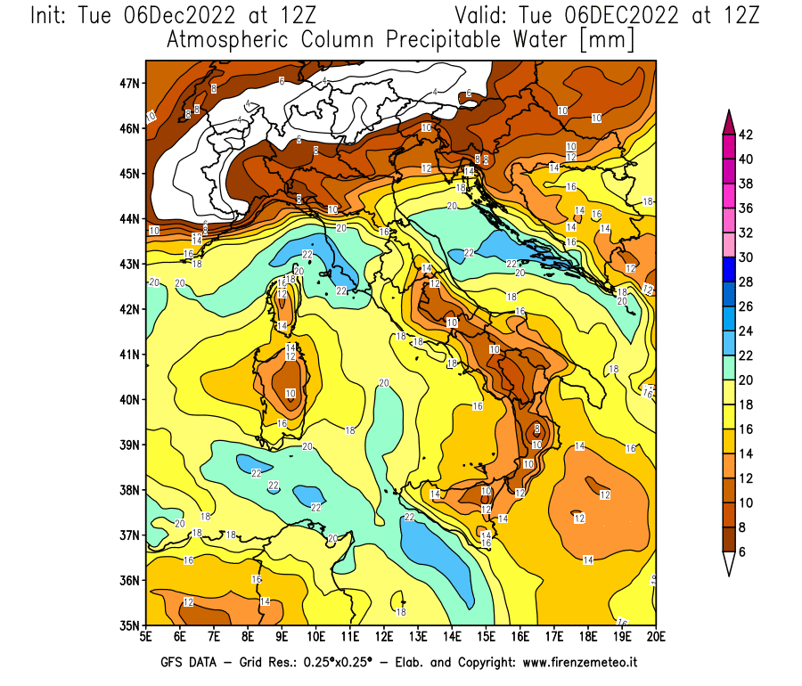 Mappa di analisi GFS - Precipitable Water [mm] in Italia
							del 06/12/2022 12 <!--googleoff: index-->UTC<!--googleon: index-->
