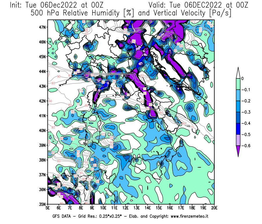 Mappa di analisi GFS - Umidità relativa [%] e Omega [Pa/s] a 500 hPa in Italia
							del 06/12/2022 00 <!--googleoff: index-->UTC<!--googleon: index-->