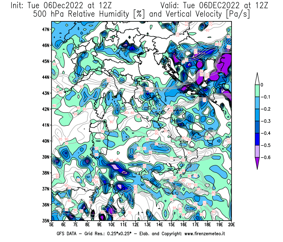 Mappa di analisi GFS - Umidità relativa [%] e Omega [Pa/s] a 500 hPa in Italia
							del 06/12/2022 12 <!--googleoff: index-->UTC<!--googleon: index-->