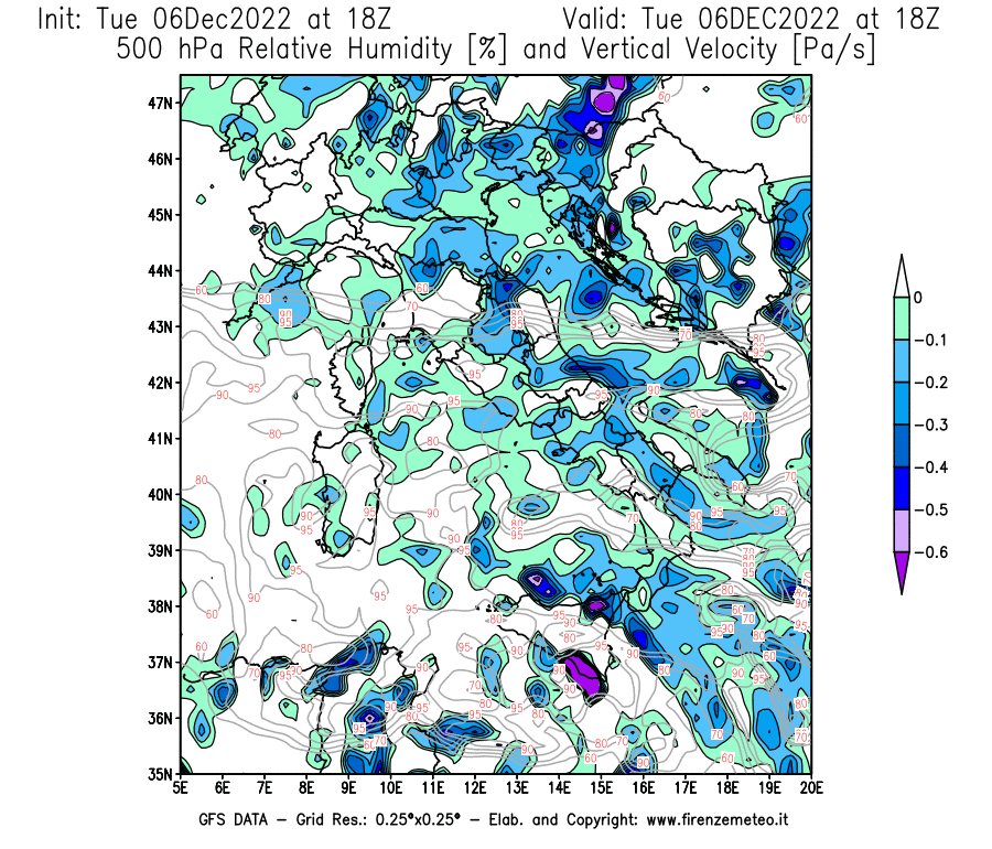Mappa di analisi GFS - Umidità relativa [%] e Omega [Pa/s] a 500 hPa in Italia
							del 06/12/2022 18 <!--googleoff: index-->UTC<!--googleon: index-->