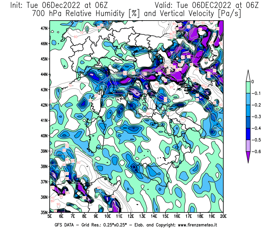 Mappa di analisi GFS - Umidità relativa [%] e Omega [Pa/s] a 700 hPa in Italia
							del 06/12/2022 06 <!--googleoff: index-->UTC<!--googleon: index-->