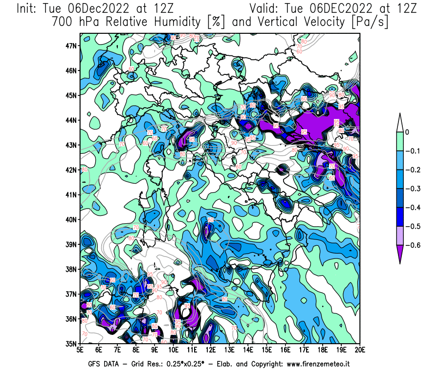 Mappa di analisi GFS - Umidità relativa [%] e Omega [Pa/s] a 700 hPa in Italia
							del 06/12/2022 12 <!--googleoff: index-->UTC<!--googleon: index-->