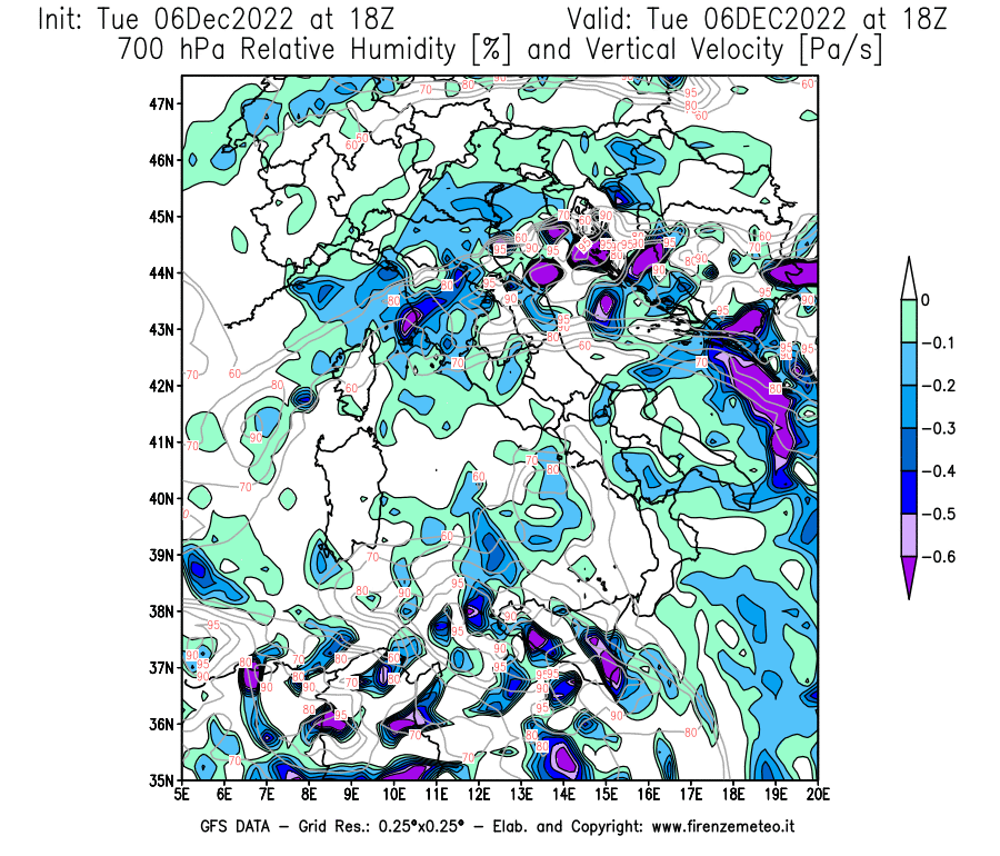 Mappa di analisi GFS - Umidità relativa [%] e Omega [Pa/s] a 700 hPa in Italia
							del 06/12/2022 18 <!--googleoff: index-->UTC<!--googleon: index-->