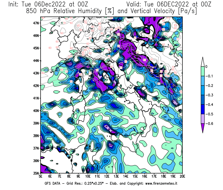 Mappa di analisi GFS - Umidità relativa [%] e Omega [Pa/s] a 850 hPa in Italia
							del 06/12/2022 00 <!--googleoff: index-->UTC<!--googleon: index-->