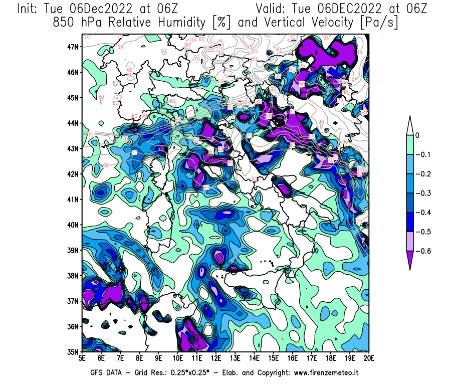Mappa di analisi GFS - Umidità relativa [%] e Omega [Pa/s] a 850 hPa in Italia
							del 06/12/2022 06 <!--googleoff: index-->UTC<!--googleon: index-->