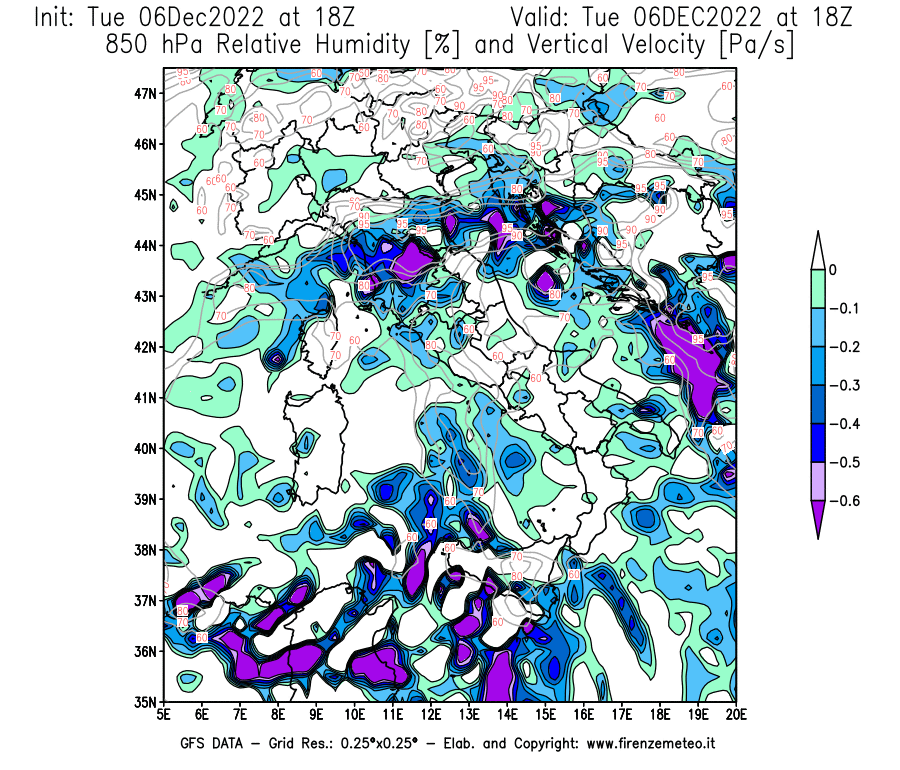 Mappa di analisi GFS - Umidità relativa [%] e Omega [Pa/s] a 850 hPa in Italia
							del 06/12/2022 18 <!--googleoff: index-->UTC<!--googleon: index-->