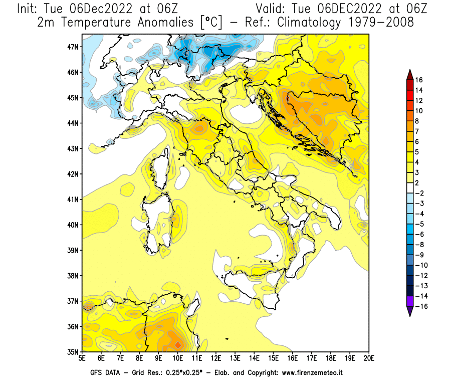 Mappa di analisi GFS - Anomalia Temperatura [°C] a 2 m in Italia
							del 06/12/2022 06 <!--googleoff: index-->UTC<!--googleon: index-->