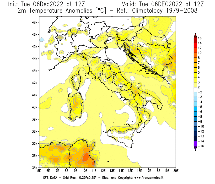 Mappa di analisi GFS - Anomalia Temperatura [°C] a 2 m in Italia
							del 06/12/2022 12 <!--googleoff: index-->UTC<!--googleon: index-->