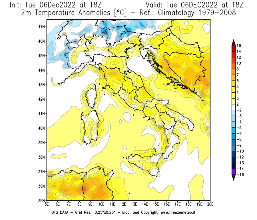 Mappa di analisi GFS - Anomalia Temperatura [°C] a 2 m in Italia
							del 06/12/2022 18 <!--googleoff: index-->UTC<!--googleon: index-->