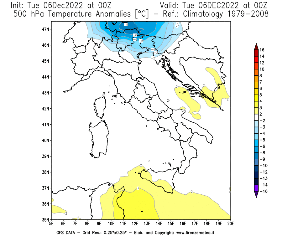 Mappa di analisi GFS - Anomalia Temperatura [°C] a 500 hPa in Italia
							del 06/12/2022 00 <!--googleoff: index-->UTC<!--googleon: index-->