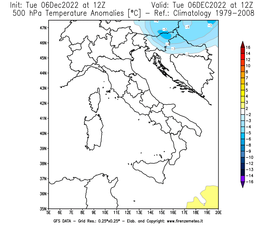 Mappa di analisi GFS - Anomalia Temperatura [°C] a 500 hPa in Italia
							del 06/12/2022 12 <!--googleoff: index-->UTC<!--googleon: index-->