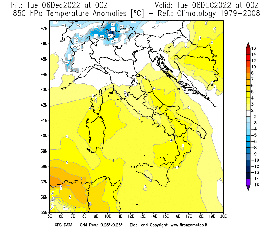 Mappa di analisi GFS - Anomalia Temperatura [°C] a 850 hPa in Italia
							del 06/12/2022 00 <!--googleoff: index-->UTC<!--googleon: index-->