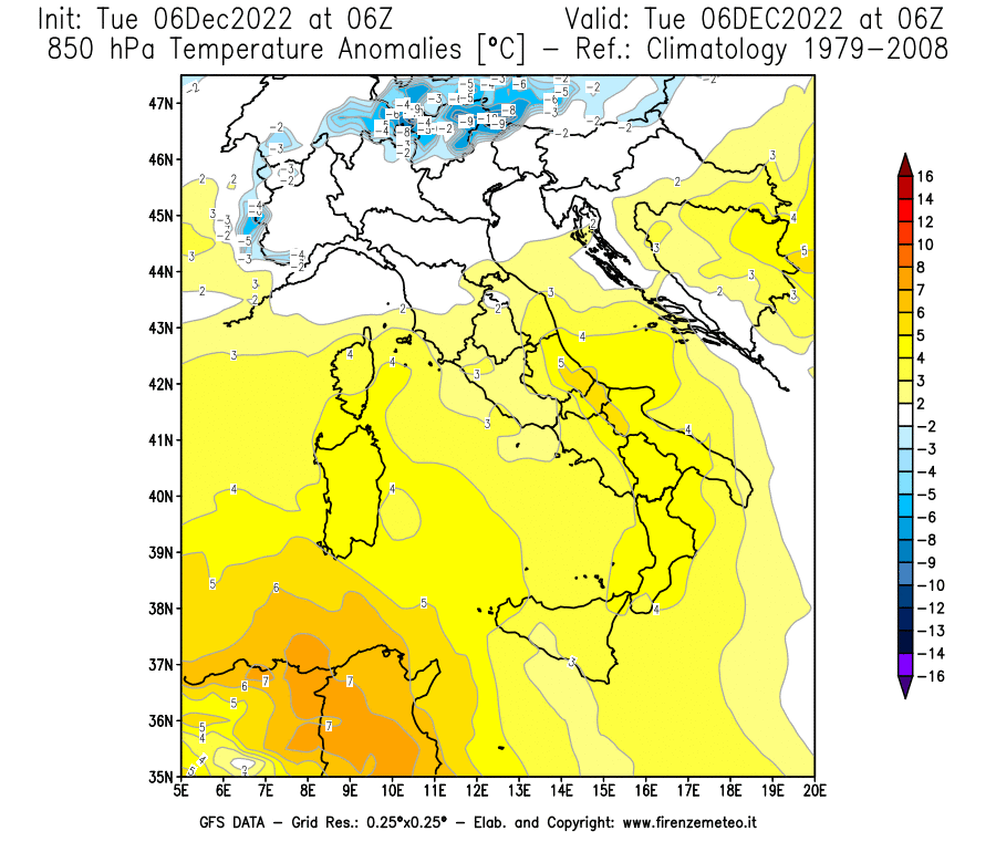 Mappa di analisi GFS - Anomalia Temperatura [°C] a 850 hPa in Italia
							del 06/12/2022 06 <!--googleoff: index-->UTC<!--googleon: index-->