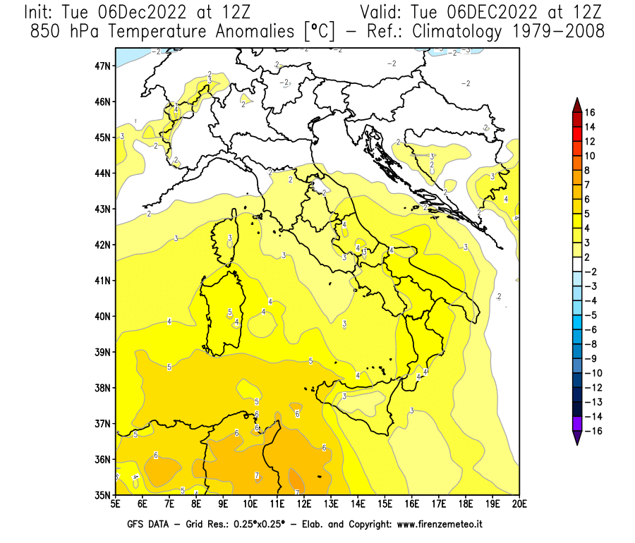 Mappa di analisi GFS - Anomalia Temperatura [°C] a 850 hPa in Italia
							del 06/12/2022 12 <!--googleoff: index-->UTC<!--googleon: index-->