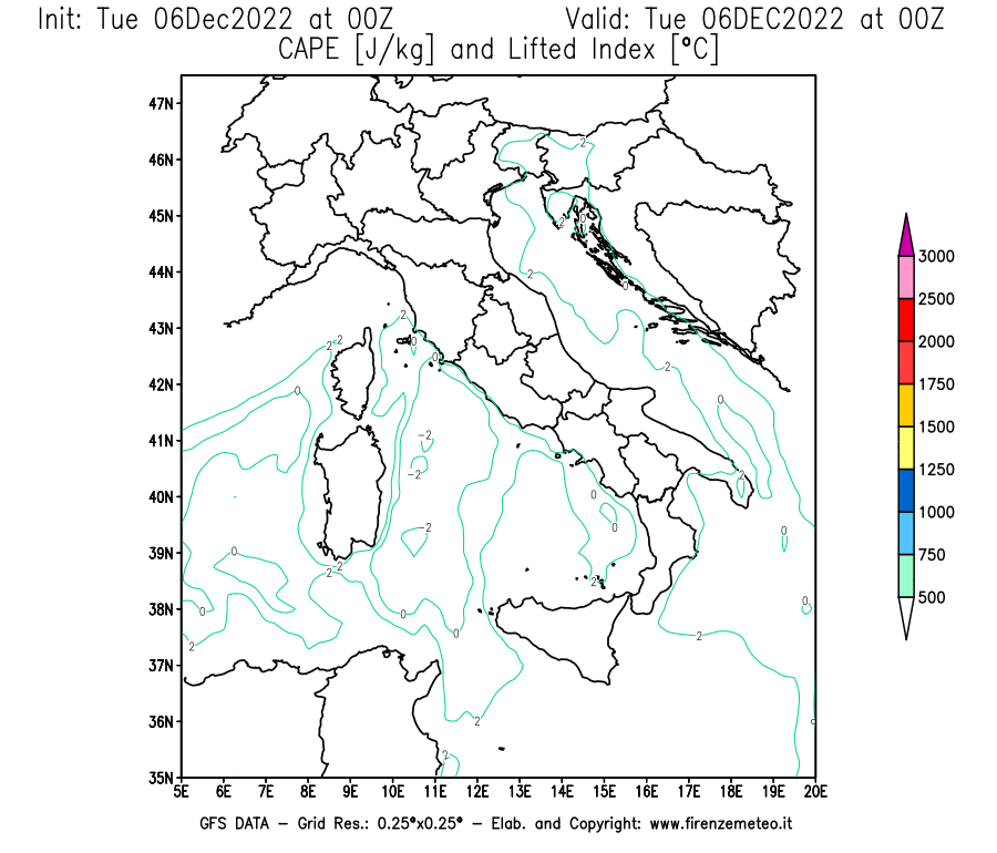 Mappa di analisi GFS - CAPE [J/kg] e Lifted Index [°C] in Italia
							del 06/12/2022 00 <!--googleoff: index-->UTC<!--googleon: index-->