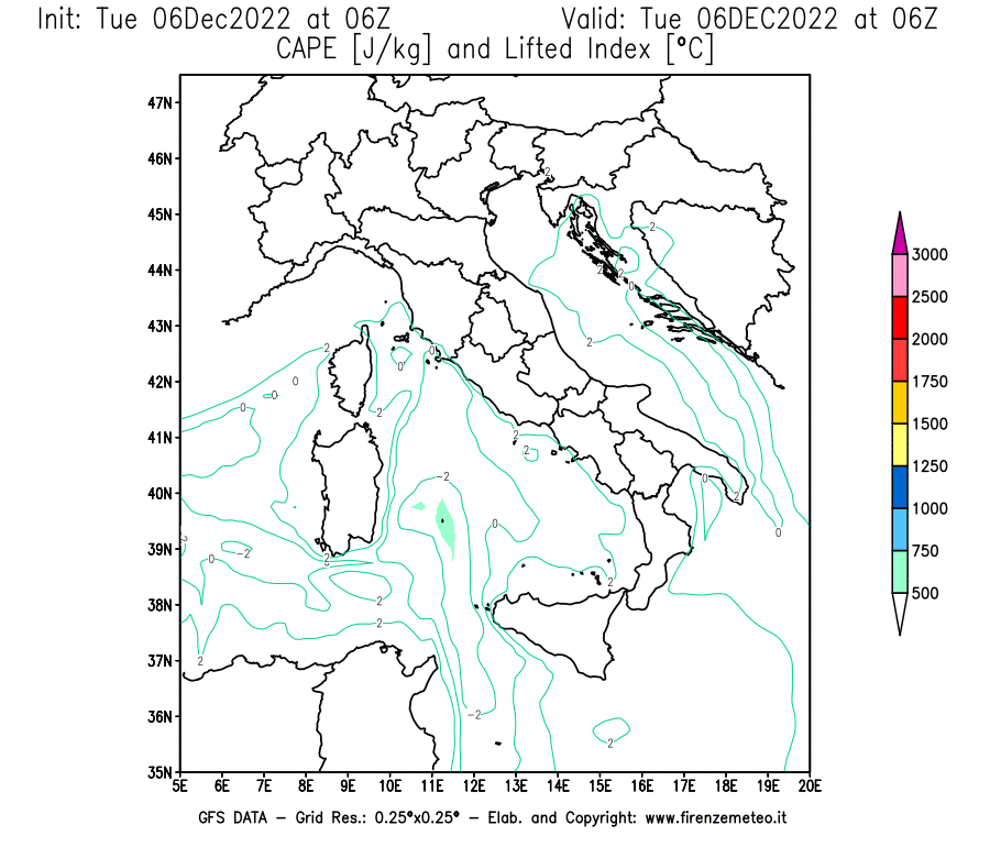 Mappa di analisi GFS - CAPE [J/kg] e Lifted Index [°C] in Italia
							del 06/12/2022 06 <!--googleoff: index-->UTC<!--googleon: index-->