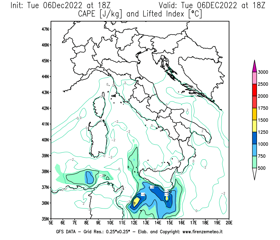 Mappa di analisi GFS - CAPE [J/kg] e Lifted Index [°C] in Italia
							del 06/12/2022 18 <!--googleoff: index-->UTC<!--googleon: index-->