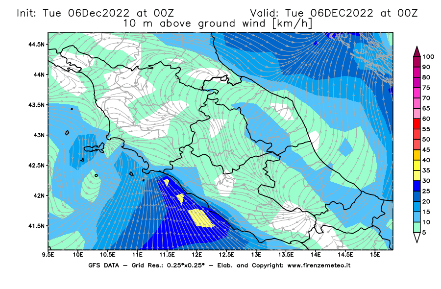 Mappa di analisi GFS - Velocità del vento a 10 metri dal suolo [km/h] in Centro-Italia
							del 06/12/2022 00 <!--googleoff: index-->UTC<!--googleon: index-->