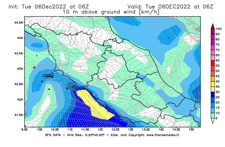 Mappa di analisi GFS - Velocità del vento a 10 metri dal suolo [km/h] in Centro-Italia
							del 06/12/2022 06 <!--googleoff: index-->UTC<!--googleon: index-->