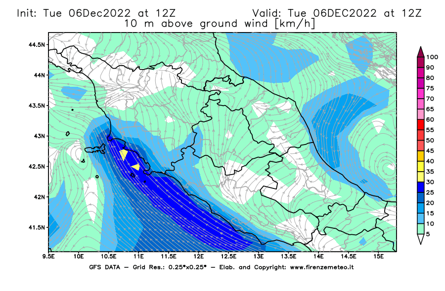 Mappa di analisi GFS - Velocità del vento a 10 metri dal suolo [km/h] in Centro-Italia
							del 06/12/2022 12 <!--googleoff: index-->UTC<!--googleon: index-->