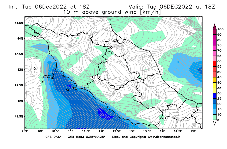 Mappa di analisi GFS - Velocità del vento a 10 metri dal suolo [km/h] in Centro-Italia
							del 06/12/2022 18 <!--googleoff: index-->UTC<!--googleon: index-->
