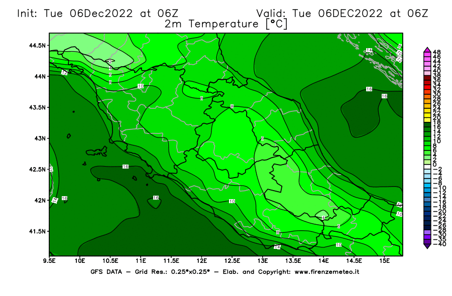 Mappa di analisi GFS - Temperatura a 2 metri dal suolo [°C] in Centro-Italia
							del 06/12/2022 06 <!--googleoff: index-->UTC<!--googleon: index-->