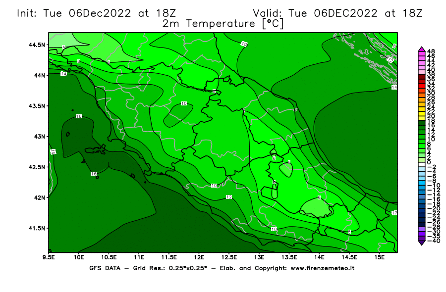 Mappa di analisi GFS - Temperatura a 2 metri dal suolo [°C] in Centro-Italia
							del 06/12/2022 18 <!--googleoff: index-->UTC<!--googleon: index-->
