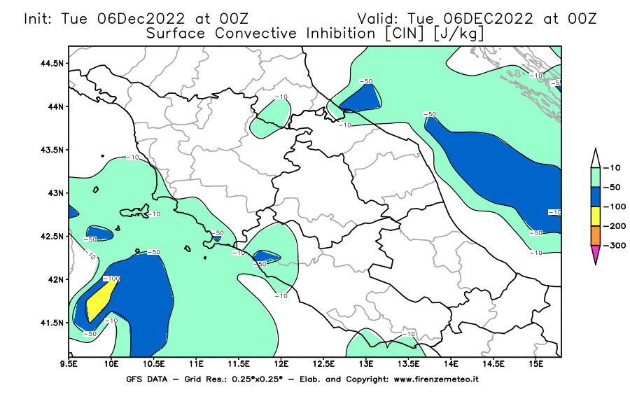 Mappa di analisi GFS - CIN [J/kg] in Centro-Italia
							del 06/12/2022 00 <!--googleoff: index-->UTC<!--googleon: index-->