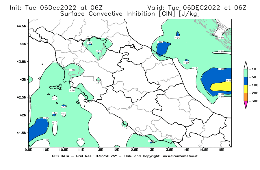 Mappa di analisi GFS - CIN [J/kg] in Centro-Italia
							del 06/12/2022 06 <!--googleoff: index-->UTC<!--googleon: index-->