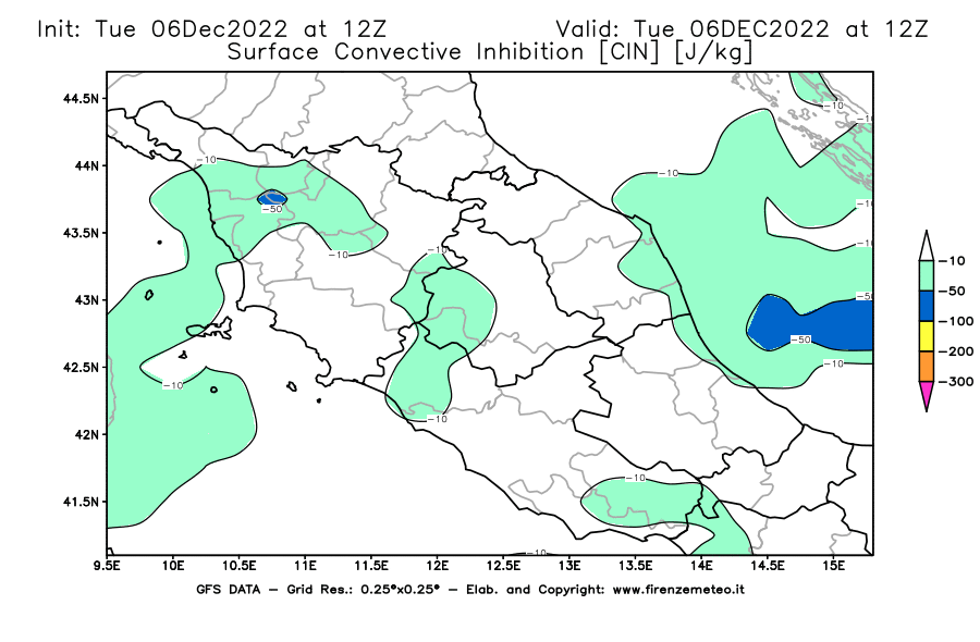 Mappa di analisi GFS - CIN [J/kg] in Centro-Italia
							del 06/12/2022 12 <!--googleoff: index-->UTC<!--googleon: index-->