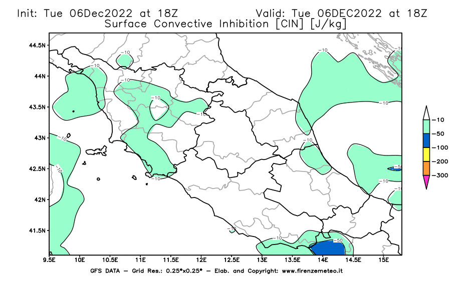 Mappa di analisi GFS - CIN [J/kg] in Centro-Italia
							del 06/12/2022 18 <!--googleoff: index-->UTC<!--googleon: index-->