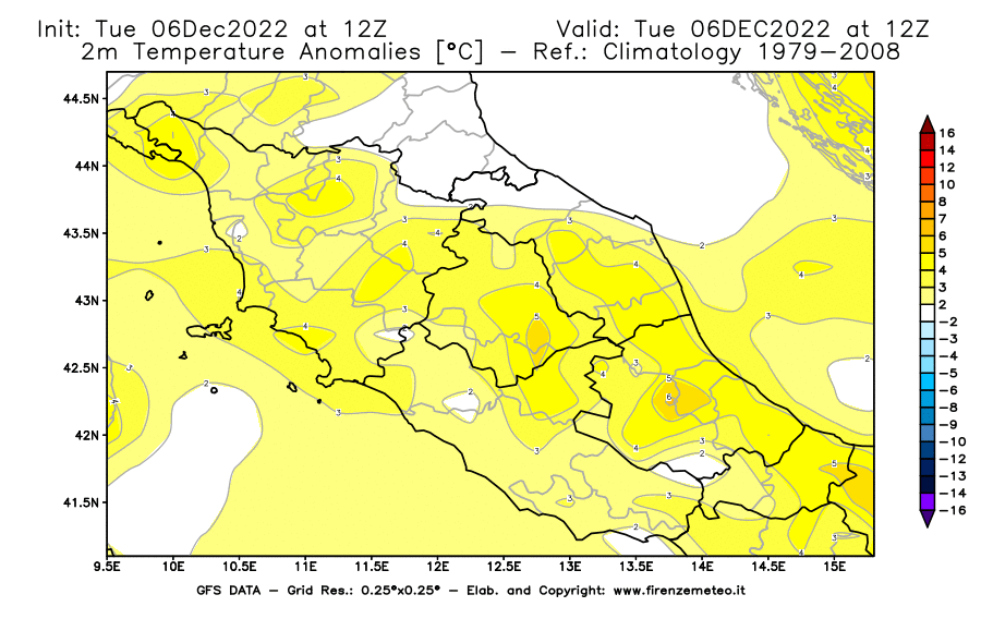 Mappa di analisi GFS - Anomalia Temperatura [°C] a 2 m in Centro-Italia
							del 06/12/2022 12 <!--googleoff: index-->UTC<!--googleon: index-->