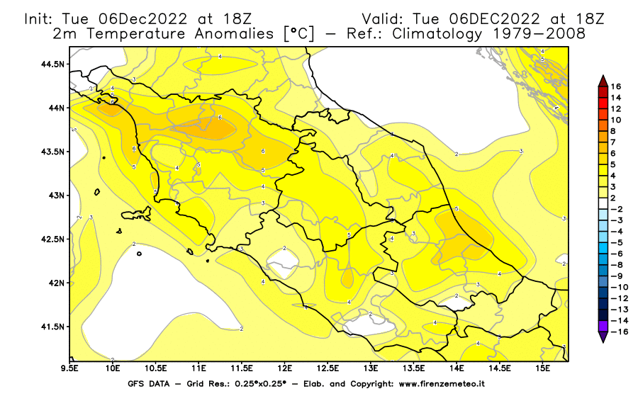 Mappa di analisi GFS - Anomalia Temperatura [°C] a 2 m in Centro-Italia
							del 06/12/2022 18 <!--googleoff: index-->UTC<!--googleon: index-->