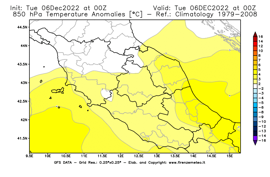 Mappa di analisi GFS - Anomalia Temperatura [°C] a 850 hPa in Centro-Italia
							del 06/12/2022 00 <!--googleoff: index-->UTC<!--googleon: index-->