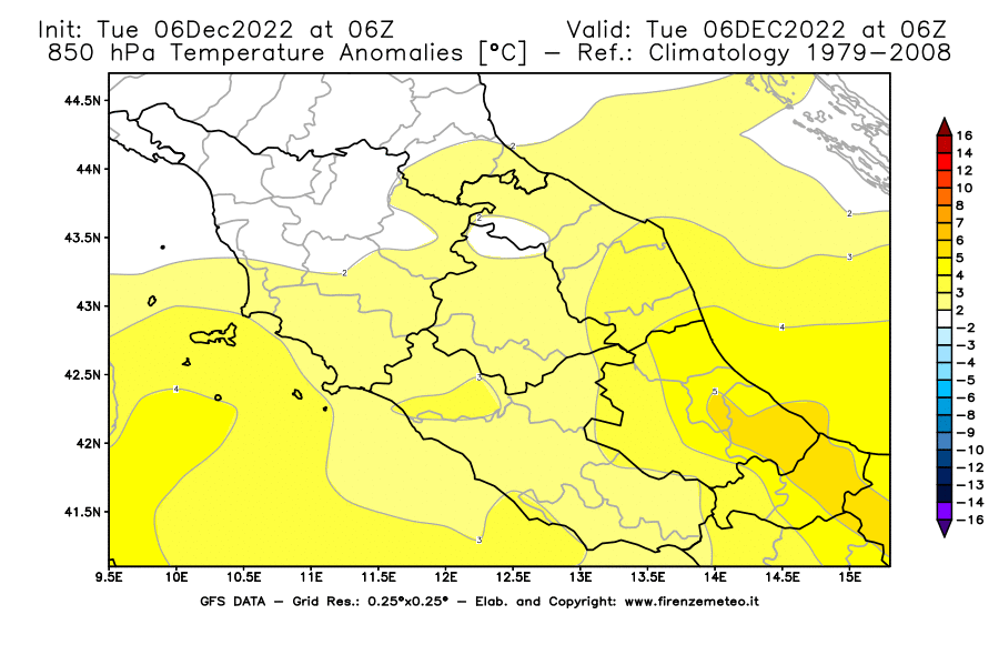 Mappa di analisi GFS - Anomalia Temperatura [°C] a 850 hPa in Centro-Italia
							del 06/12/2022 06 <!--googleoff: index-->UTC<!--googleon: index-->