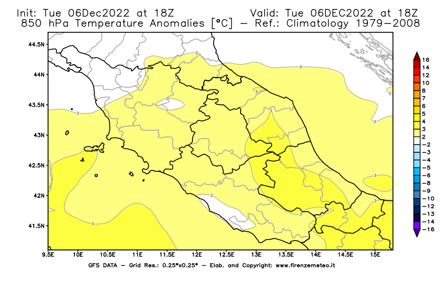 Mappa di analisi GFS - Anomalia Temperatura [°C] a 850 hPa in Centro-Italia
							del 06/12/2022 18 <!--googleoff: index-->UTC<!--googleon: index-->