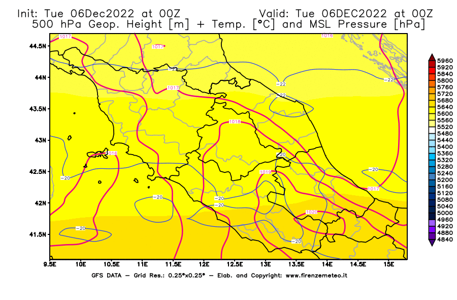 Mappa di analisi GFS - Geopotenziale [m] + Temp. [°C] a 500 hPa + Press. a livello del mare [hPa] in Centro-Italia
							del 06/12/2022 00 <!--googleoff: index-->UTC<!--googleon: index-->