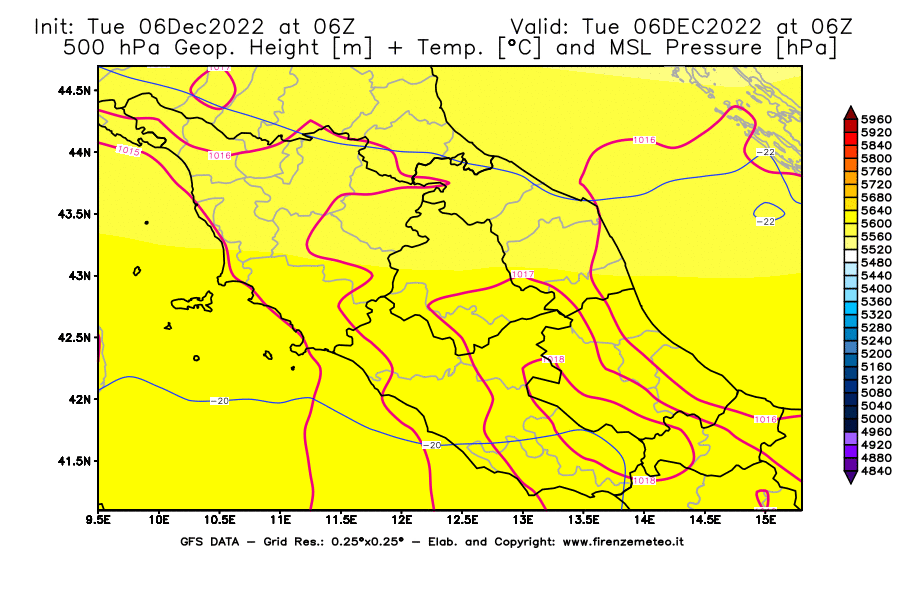 Mappa di analisi GFS - Geopotenziale [m] + Temp. [°C] a 500 hPa + Press. a livello del mare [hPa] in Centro-Italia
							del 06/12/2022 06 <!--googleoff: index-->UTC<!--googleon: index-->