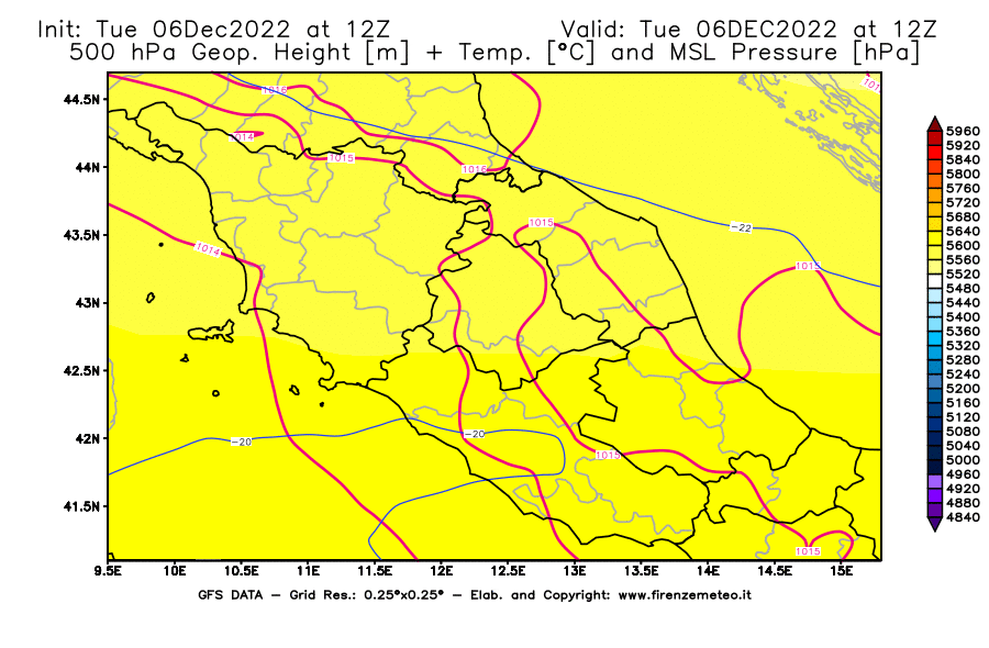 Mappa di analisi GFS - Geopotenziale [m] + Temp. [°C] a 500 hPa + Press. a livello del mare [hPa] in Centro-Italia
							del 06/12/2022 12 <!--googleoff: index-->UTC<!--googleon: index-->