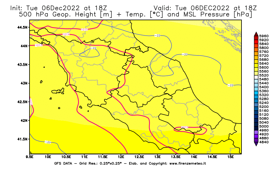 Mappa di analisi GFS - Geopotenziale [m] + Temp. [°C] a 500 hPa + Press. a livello del mare [hPa] in Centro-Italia
							del 06/12/2022 18 <!--googleoff: index-->UTC<!--googleon: index-->