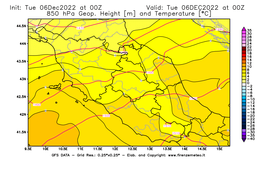 Mappa di analisi GFS - Geopotenziale [m] e Temperatura [°C] a 850 hPa in Centro-Italia
							del 06/12/2022 00 <!--googleoff: index-->UTC<!--googleon: index-->
